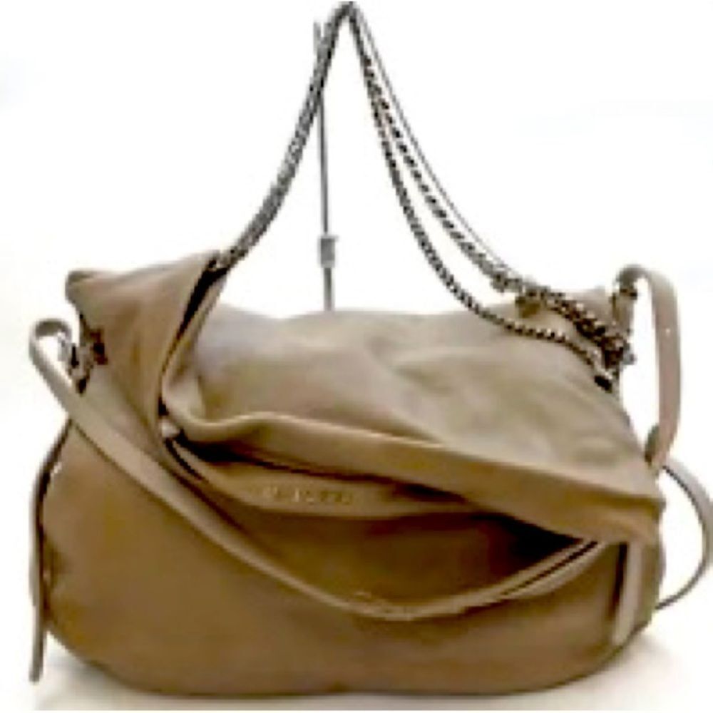 Auth Jimmy Choo Taupe Biker Chain Relaxed Hobo Bag. Excellent Preloved Satchel.